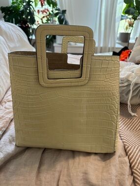 STAUD Croc-Embossed Square-Handle Tote — Creamy Beige